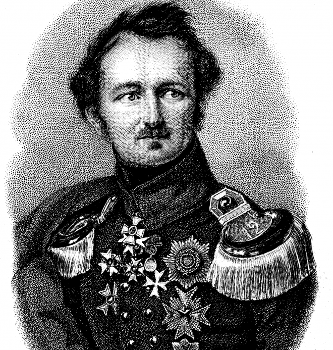 Fürst Pückler in seiner Militaruniform (Stahlstich aus: Deutsches Taschenbuch: Das Jahr 1837) (gemeinfrei)